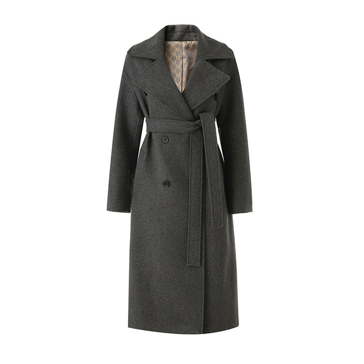 Belted double-breasted long coat – CHARCOAL