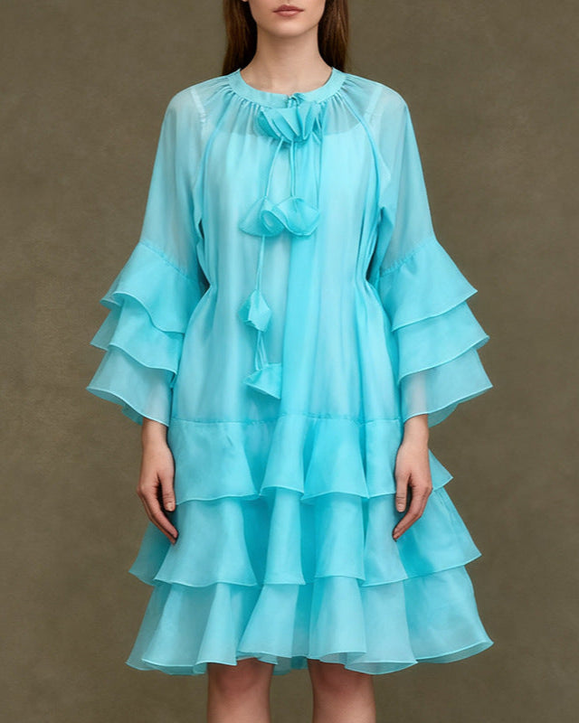 layered ruffle chiffon dress with tie neckline – AURORADI