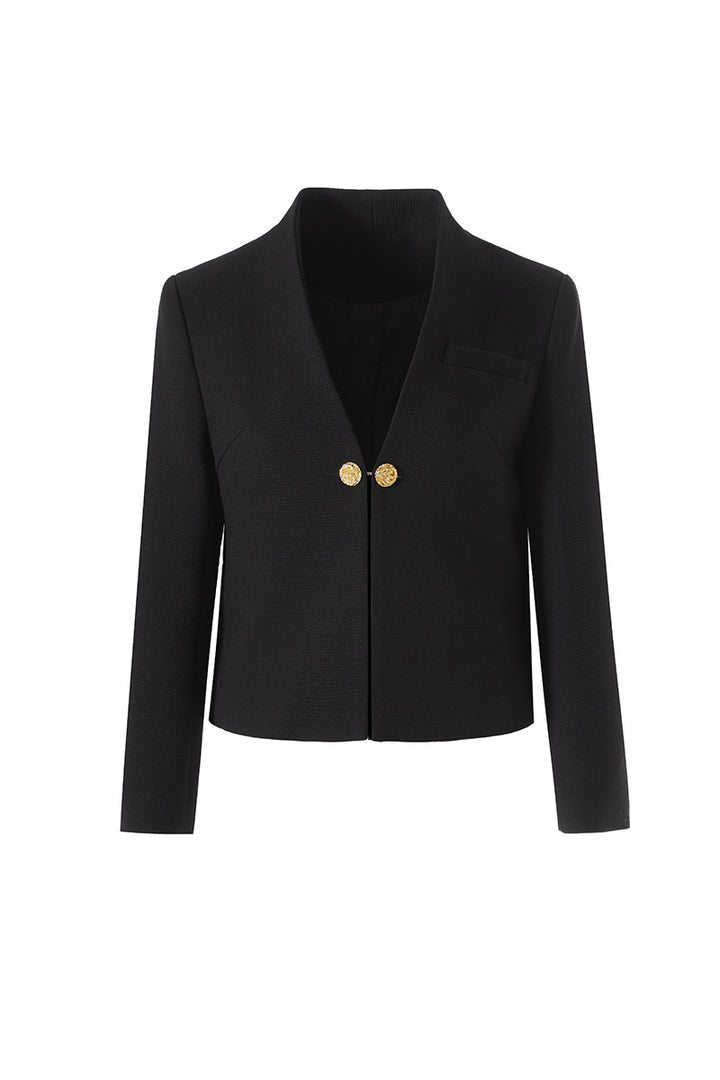 minimal collarless blazer with gold button closure – ONYX