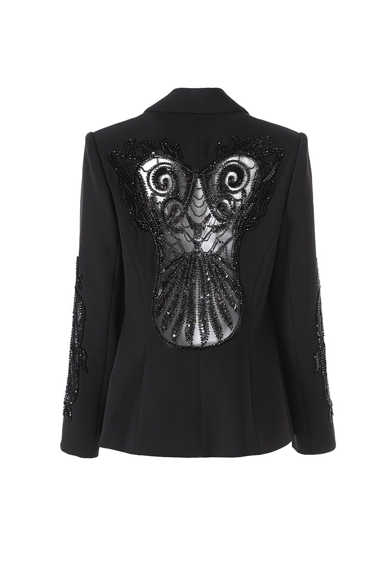 tailored deep-V blazer with embellished lace panels – MIDNIGHT