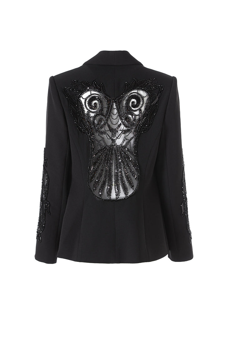 tailored deep-V blazer with embellished lace panels – MIDNIGHT