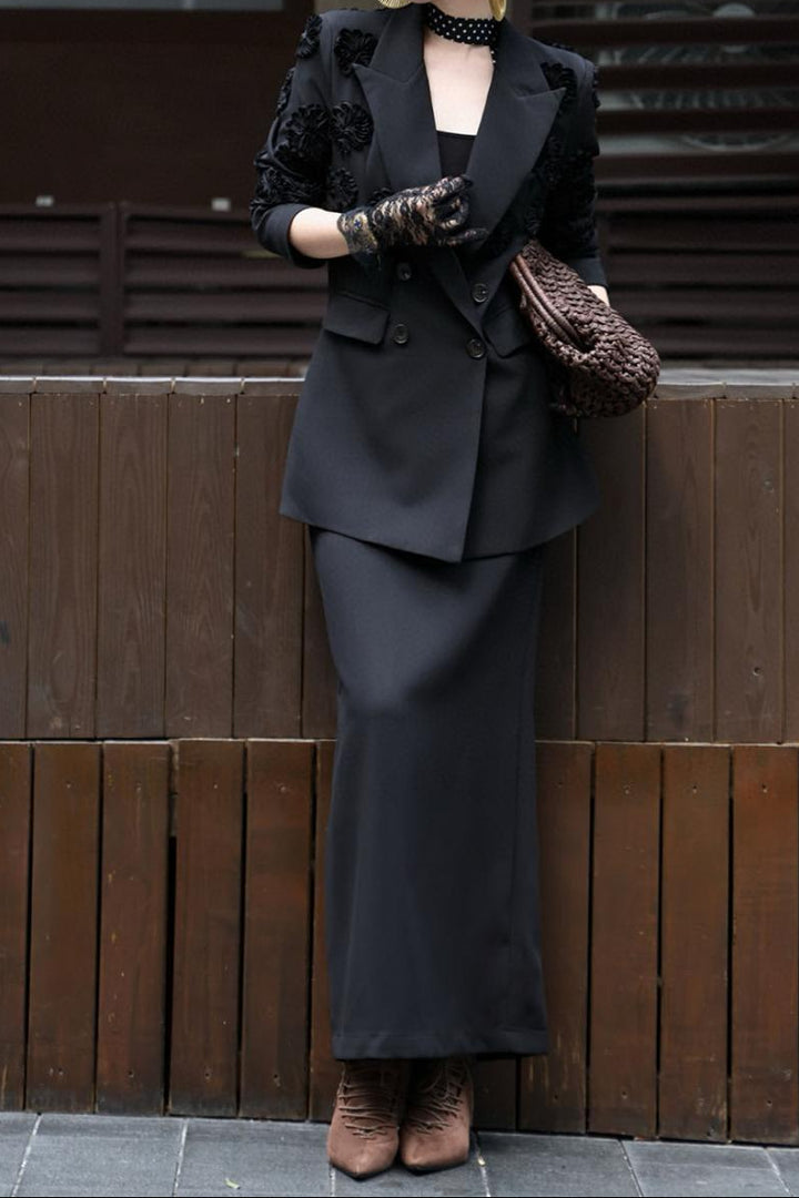 textured double-breasted blazer with tailored skirt – SIENNA