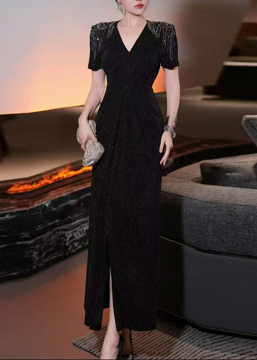 فستان سهرة بكتف مزين بالترتر وفتحة أمامية – نوار