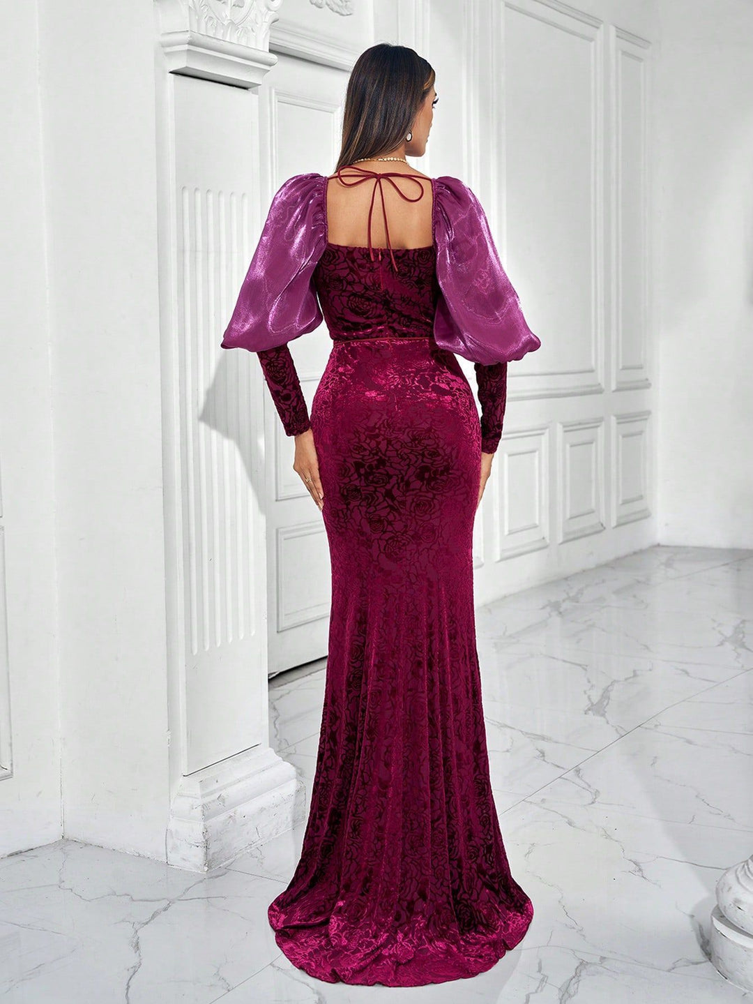 velvet floral gown with puff satin sleeves – AMARALI