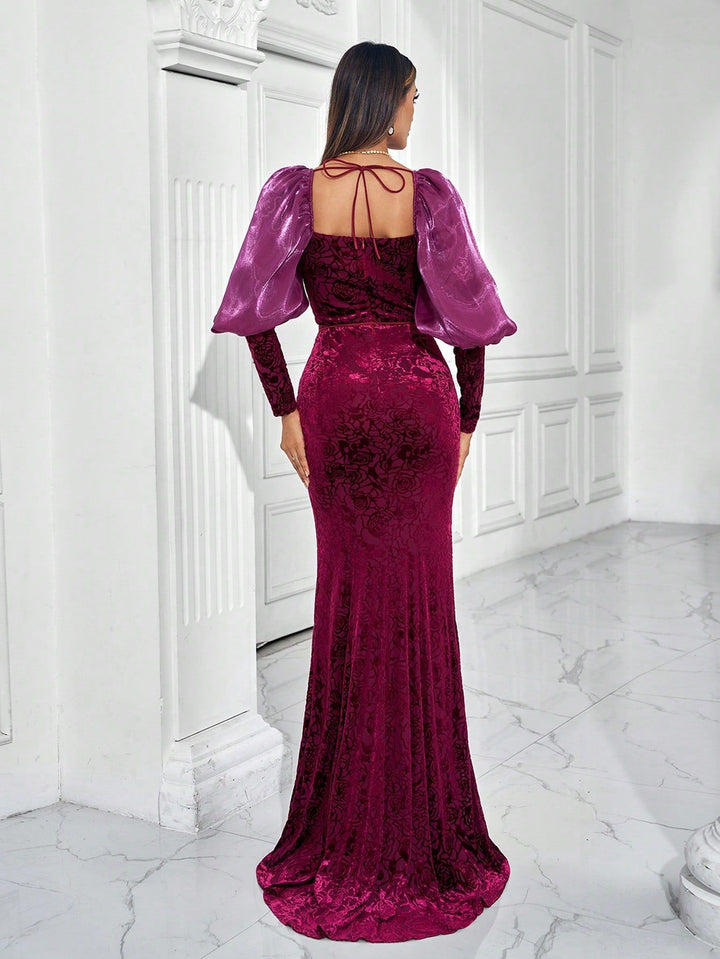 velvet floral gown with puff satin sleeves – AMARALI