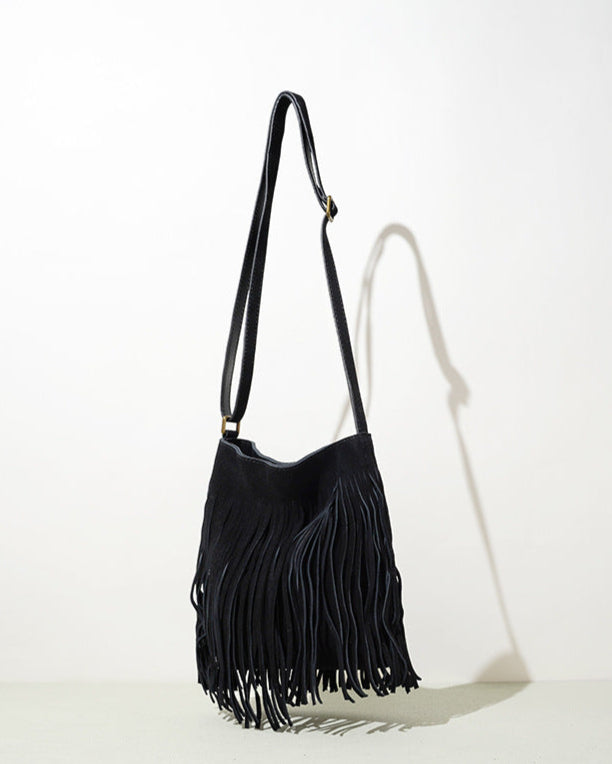 fringed suede shoulder bag with boho details - ZARAXWI
