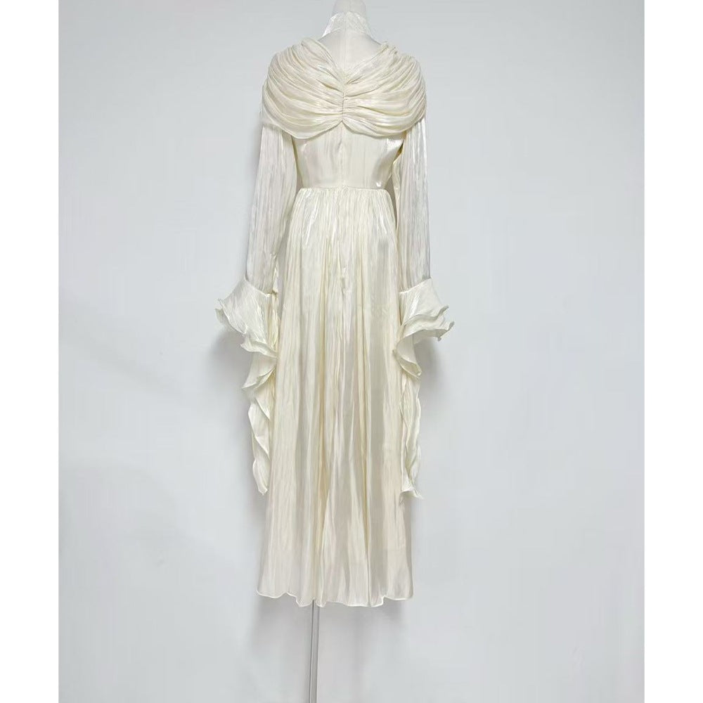 Plissiertes Oberteil mit ausgestellten Ärmeln und Maxirock-Set mit Taillengürtel – Rosiny 