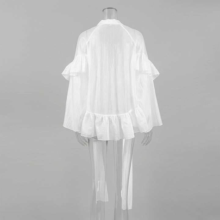 sheer ruffle-sleeve blouse with cascading ties – ELYSIA