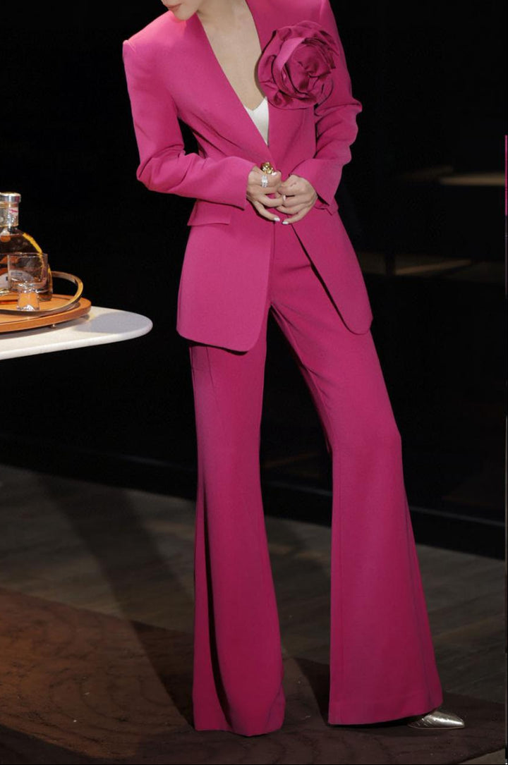 structured blazer suit with oversized rose – FUCHSIA