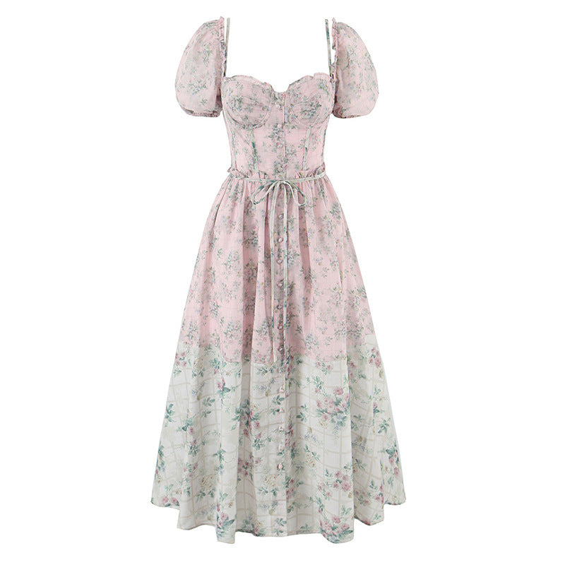 puff-sleeve corset dress with layered floral skirt – AKIALZU
