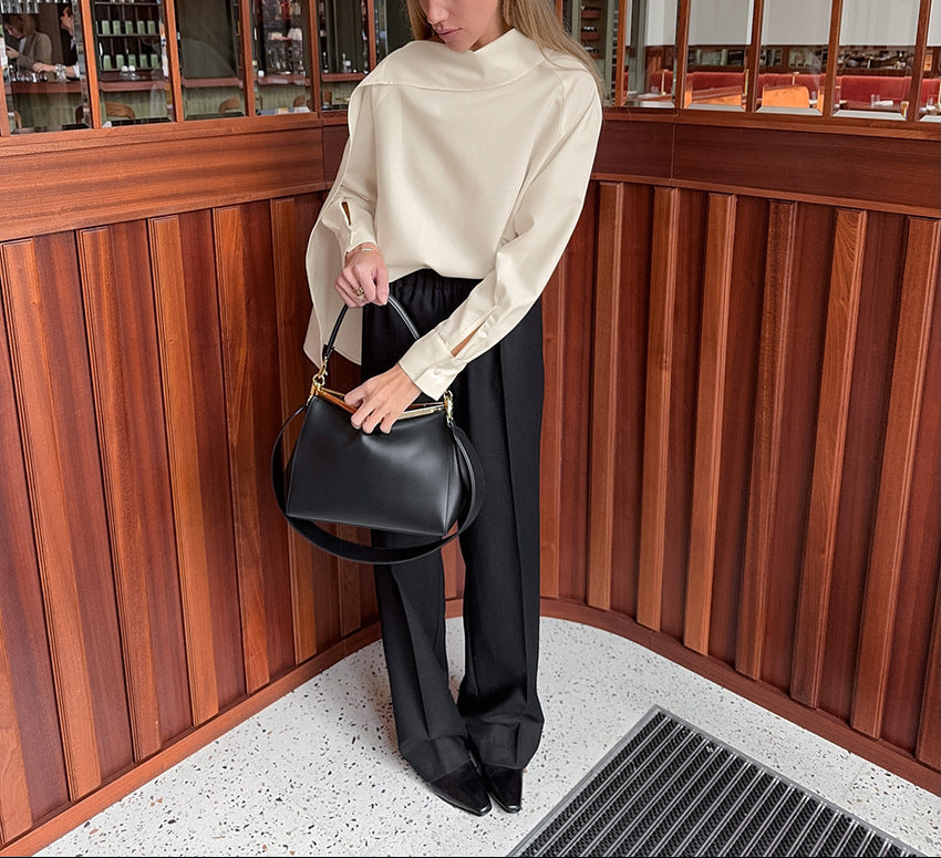 high-neck cape-sleeve satin blouse – SERENE