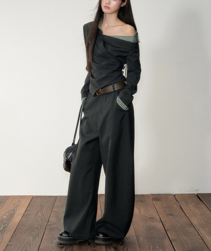 off-shoulder draped suit jacket with wide-leg trousers – NOIRÉ