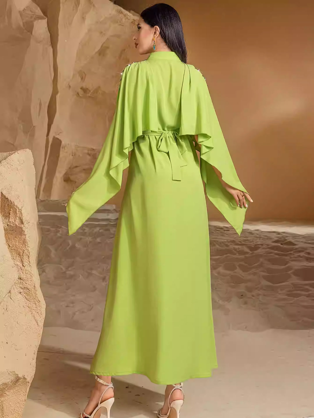 embellished flare-sleeve maxi dress with cape overlay - AMARA