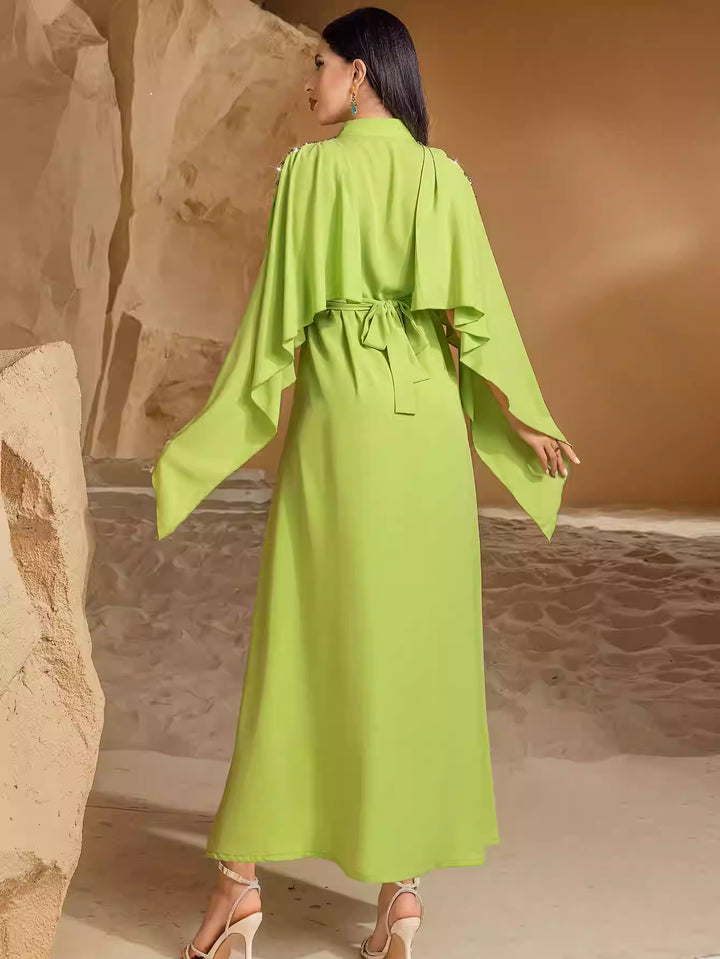 embellished flare-sleeve maxi dress with cape overlay - AMARA