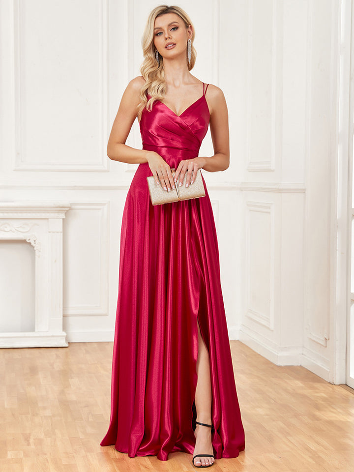 spaghetti-strap gown with front slit – AURELINVA