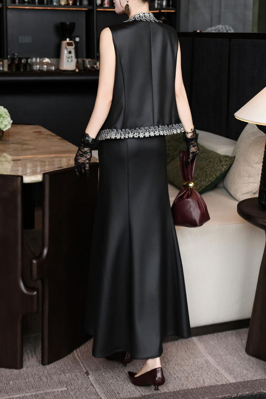 sleeveless tailored dress with embellished open-front vest – DARIYAH