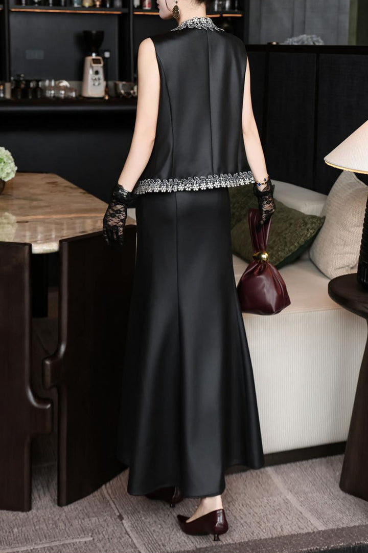 sleeveless tailored dress with embellished open-front vest – DARIYAH