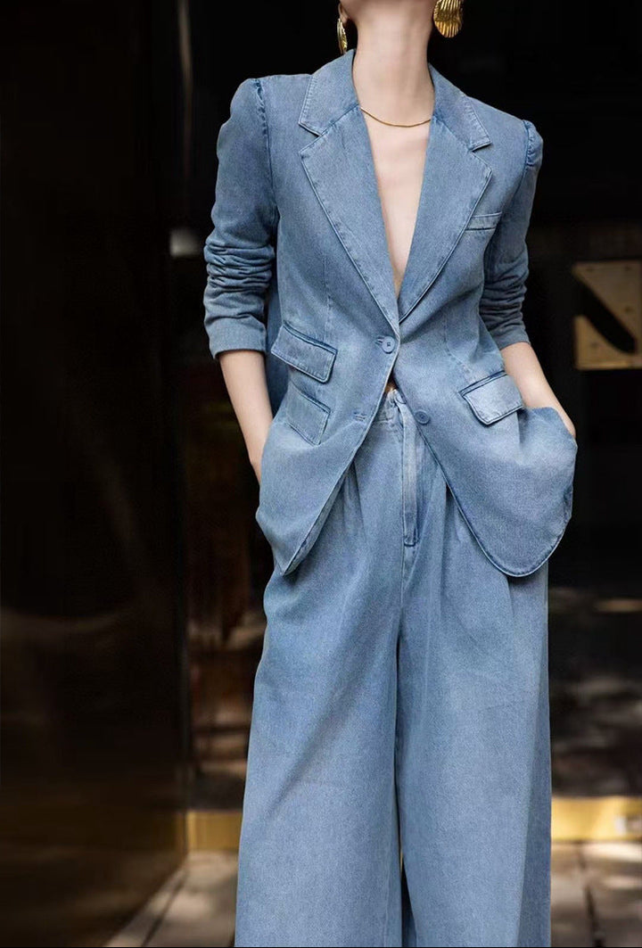 vintage denim blazer with wide-leg trousers – LEXA