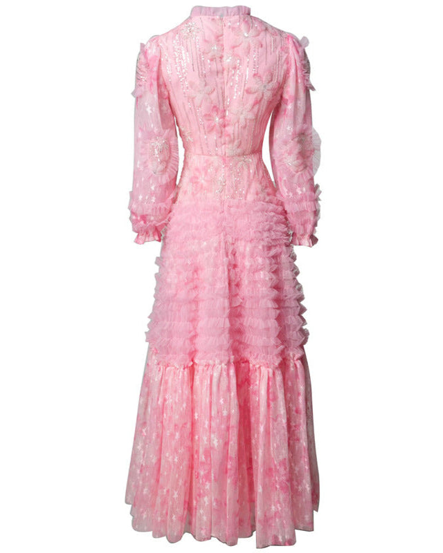 短袖中长连衣裙，配有3D花卉贴花 - BLOOMIQ 