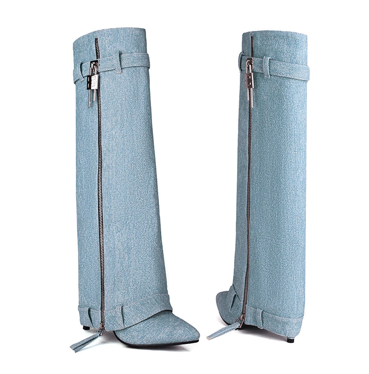 denim high-knee boots with side zipper – STORM