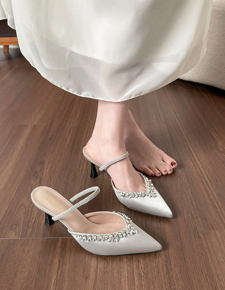 Satin pointed-toe mule with crystal strap - VERANA