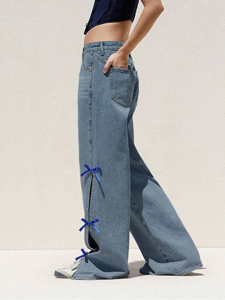 wide-leg denim pants with bow accents – AZURANDI