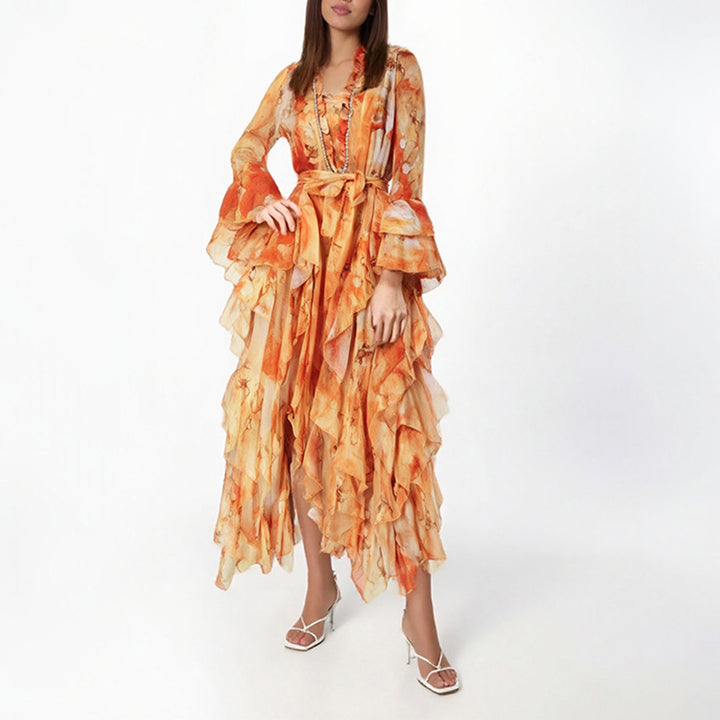 printed wrap dress with layered ruffle hem – SERENABU