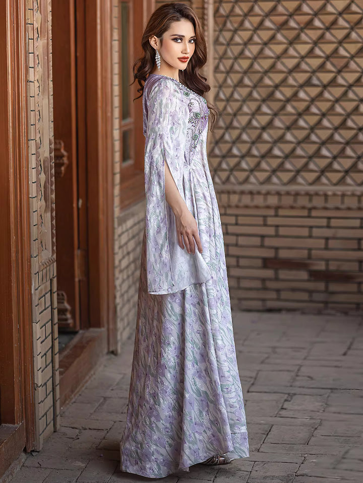 Embroidered Flowing Maxi Dress with Wide Sleeves – LILAC