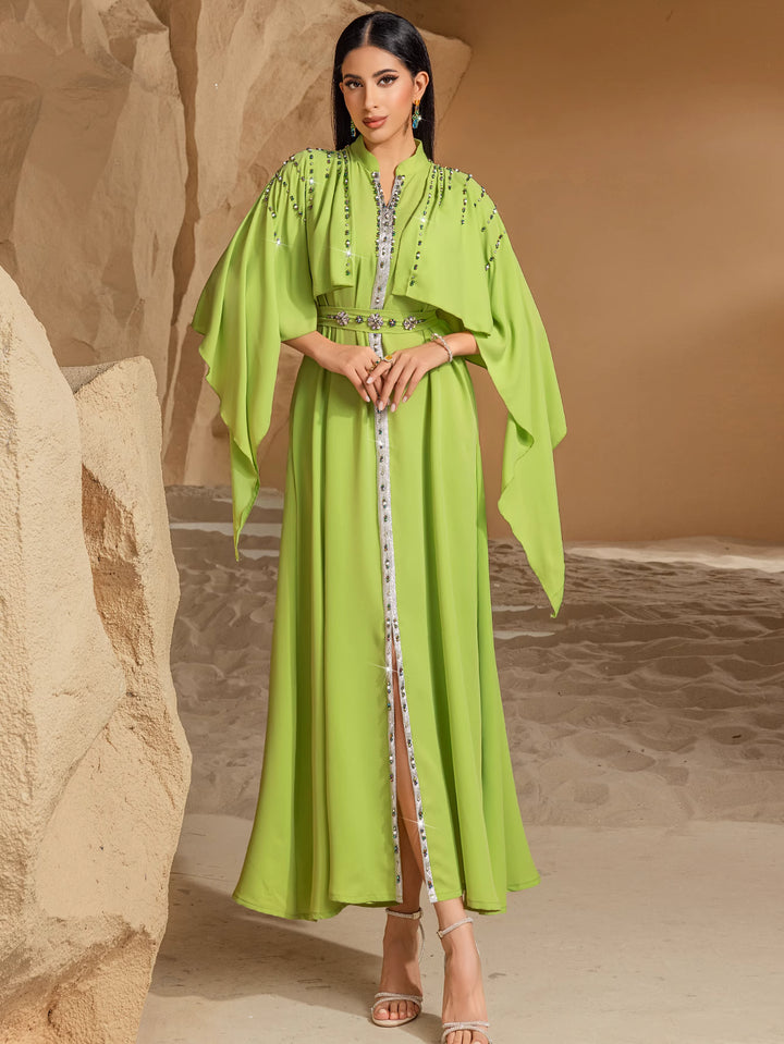 embellished flare-sleeve maxi dress with cape overlay - AMARA