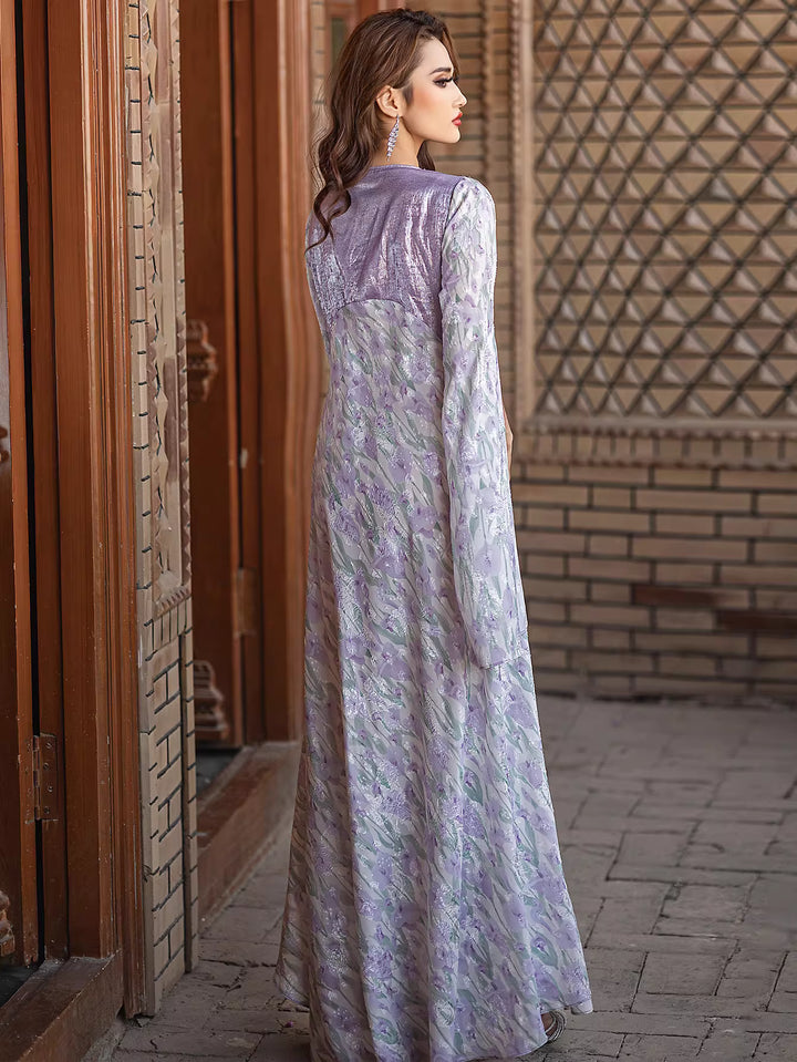 Embroidered Flowing Maxi Dress with Wide Sleeves – LILAC