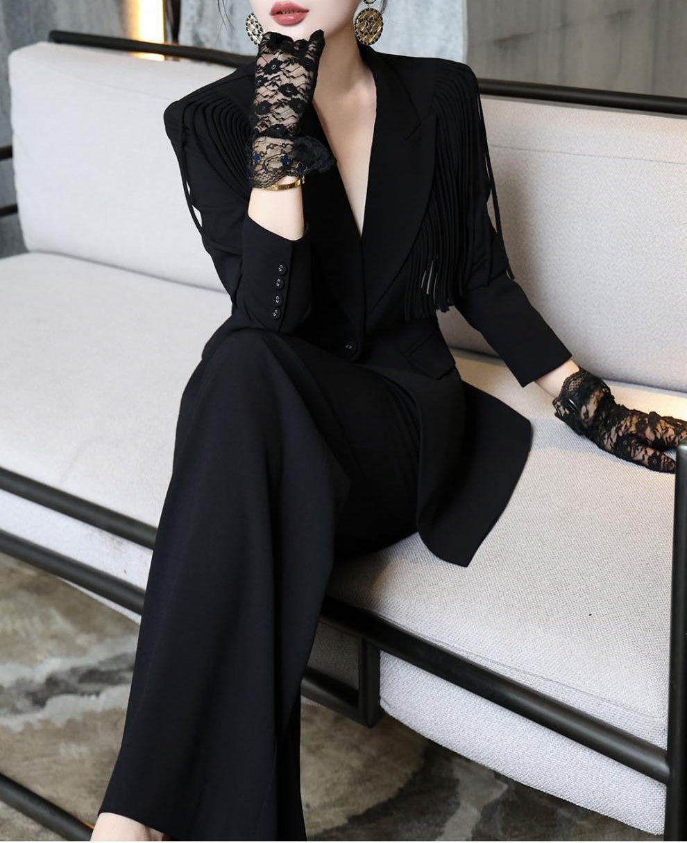 structured blazer suit with statement fringe – RAVEN