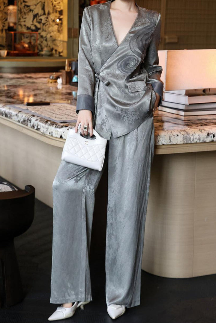 jacquard wrap blazer with wide-leg satin trousers – SERAPHINE