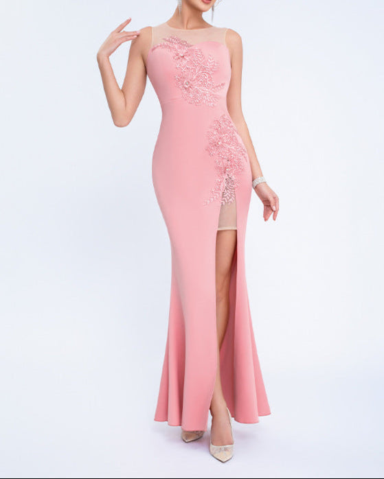 sleeveless column dress with floral appliqué and illusion neckline – FIORA