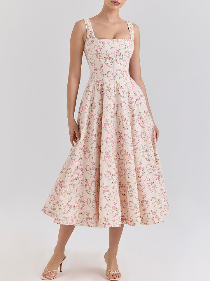 فستان واسع بطبعة زهور بدون أكمام – روزاليك