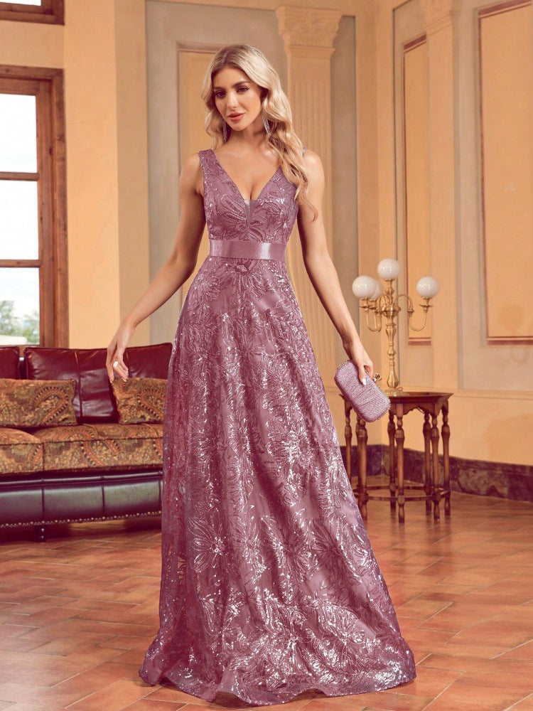 sleeveless V-neck sequin gown with satin waistband – CELESTE