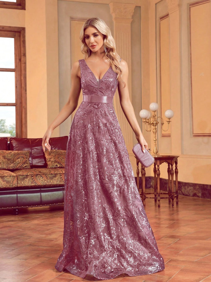 sleeveless V-neck sequin gown with satin waistband – CELESTE