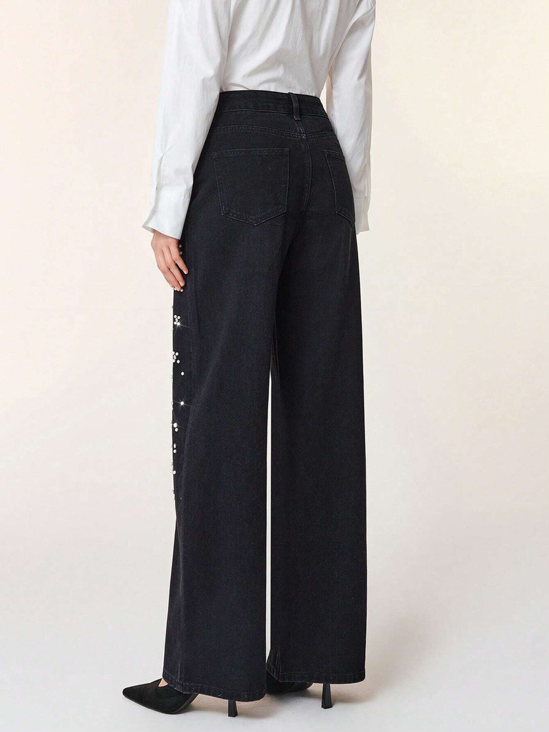 wide-leg black denim pants with pearl embellishment – AURA