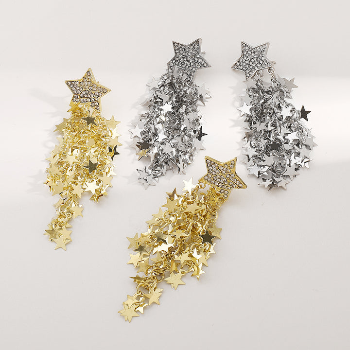 cascading star drop earrings with rhinestone studs - NOVAZILU
