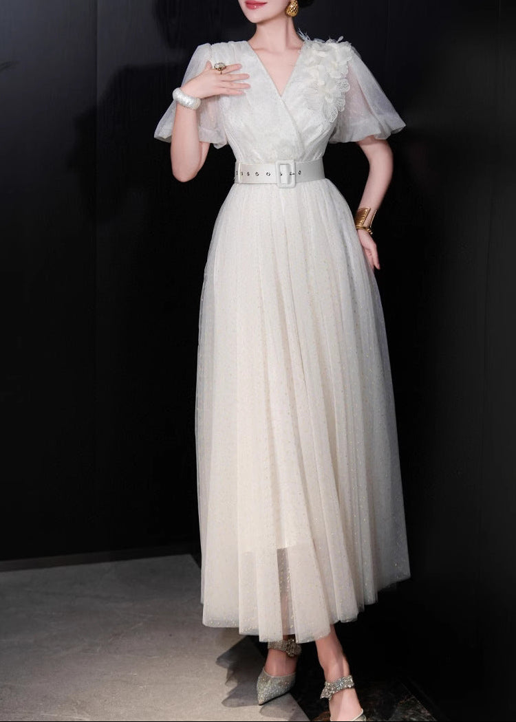 فستان ملفوف من التول بحزام وأكمام منفوخة – إسمي