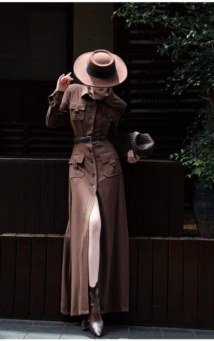 button-down military maxi dress with belted waist – NOIRE