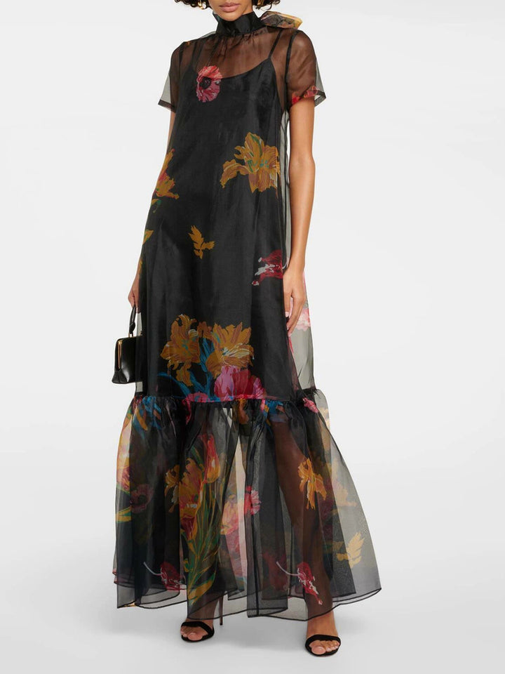 sheer floral maxi dress with ruffled hem – VIVIENIL