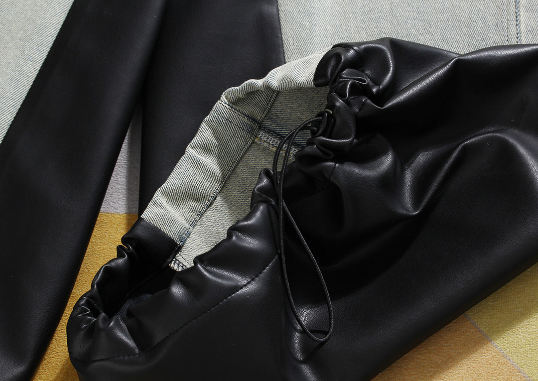 two-tone wide-leg denim pants with faux leather panels – NOIR