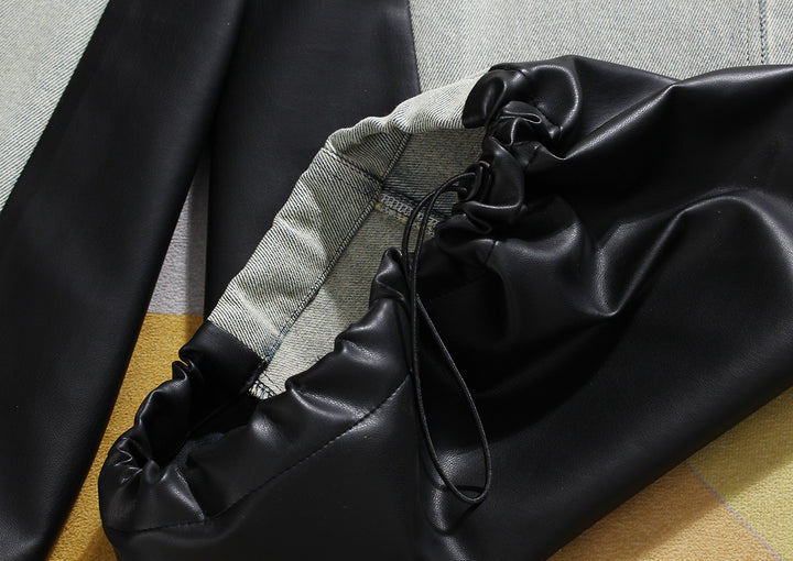 two-tone wide-leg denim pants with faux leather panels – NOIR