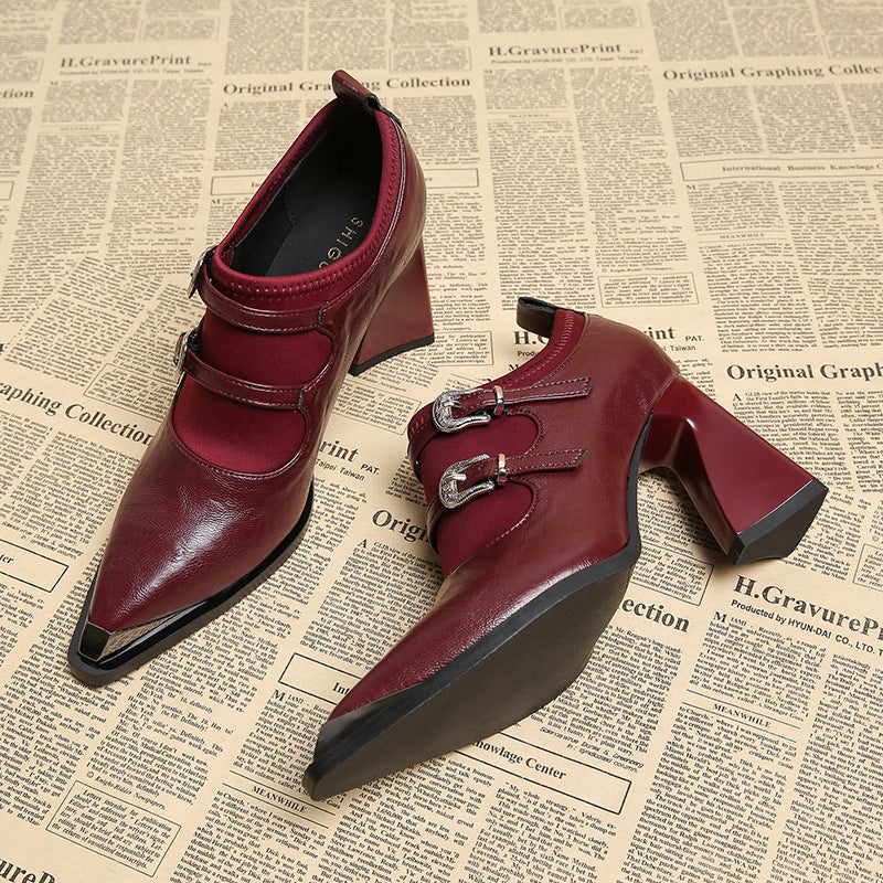 pointed-toe block heel pumps with double buckle straps – VERAVTI