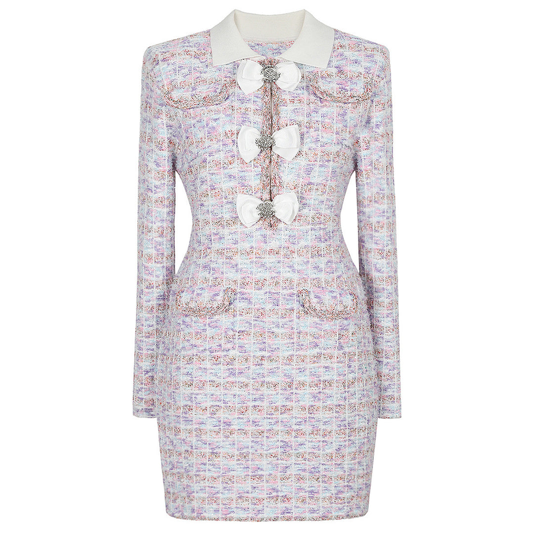 long-sleeve tweed mini dress with bow detailing – COLETTEXU