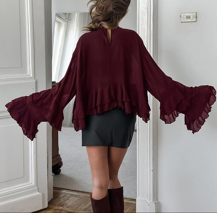 flowy ruffle-sleeve chiffon blouse with relaxed silhouette – MERLOT