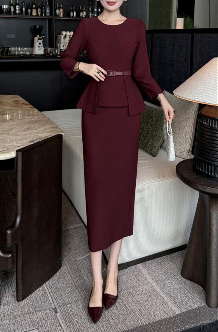 peplum midi dress with belted waist – MAROON