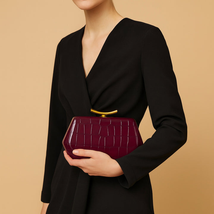 croc-embossed geometric clutch with gold bar clasp – ALESSIA