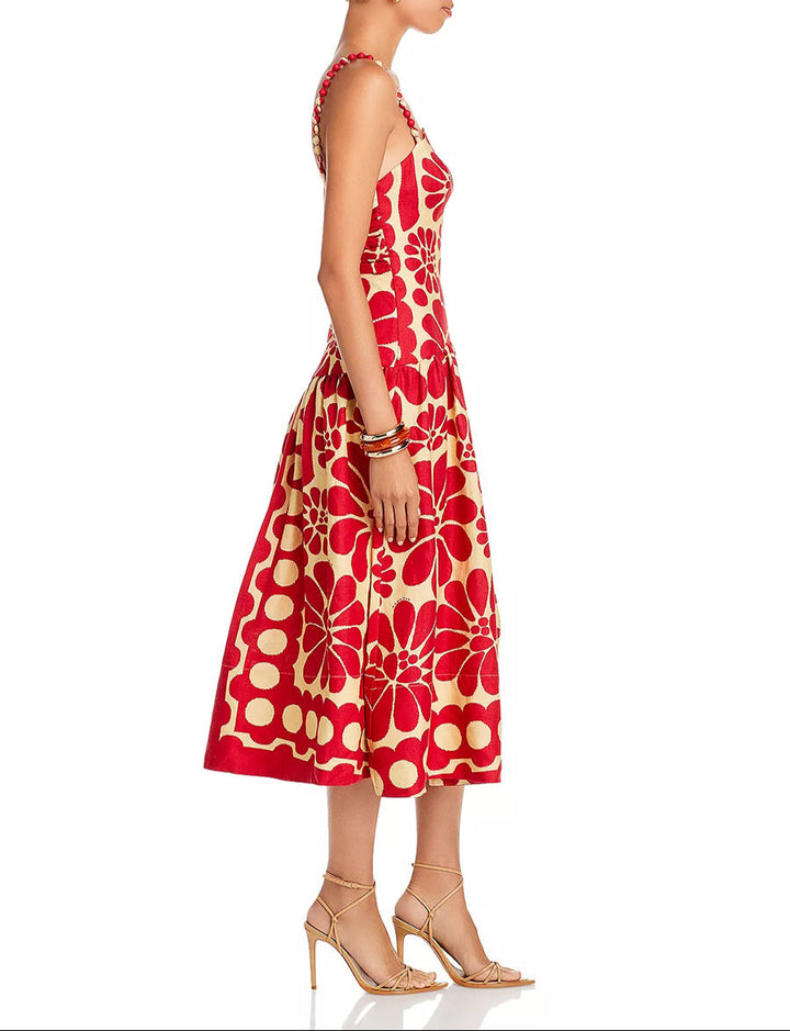 فستان ميدي مطبوع بأشرطة مضفرة – ايسلالكي