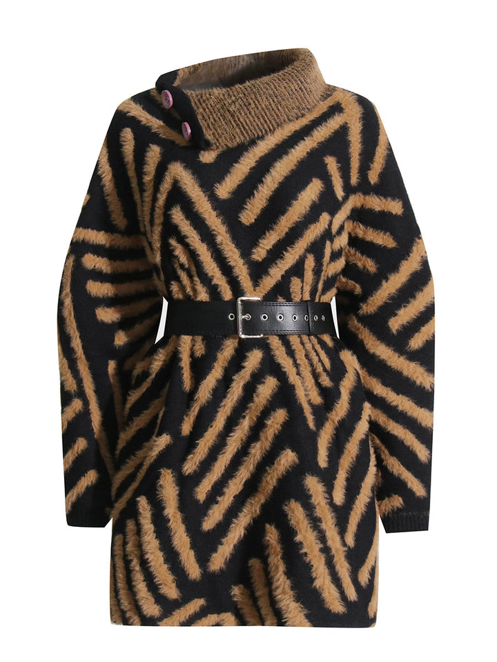 بلوزة محبوكة بنمط هندسي غامض مع ياقة عالية - نالاني